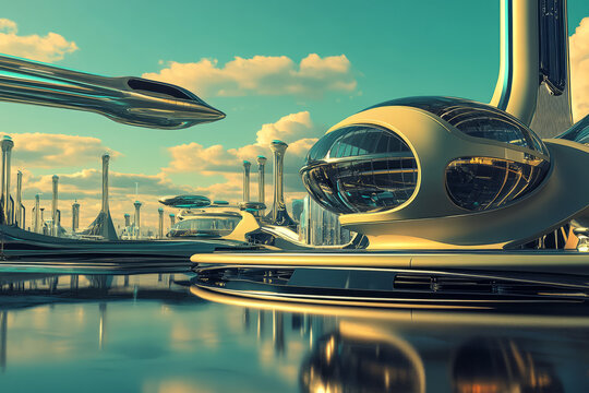 A retro-futuristic 3D background featuring a chrome and glass podium in a 1960s-inspired sci-fi setting. Floating monorails pass in the distance, while sleek, curving architecture embodies a utopian