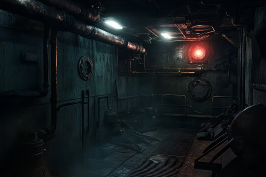 A post-apocalyptic bunker 3D background room, dimly lit with exposed metal pipes, survival gear, and flickering emergency lights. The atmosphere is gritty, industrial, and survival-oriented.