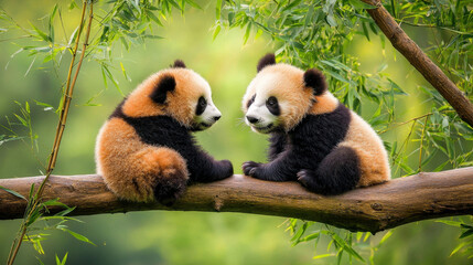 Fototapeta premium Pandas interacting gently in bamboo forest, showcasing their playful nature and bond