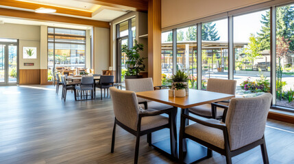 Bright dining area with modern furniture, large windows, and greenery