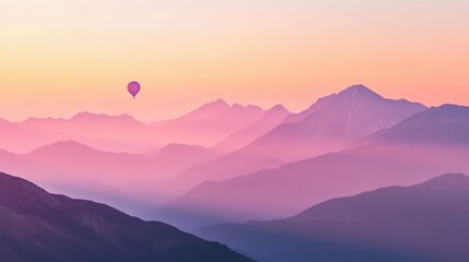 Fototapeta premium Pink and Purple Sunset over Mountain Ranges with Hot Air Balloon