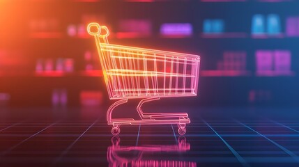 Neon Shopping Cart Concept: Modern Retail, Online Shopping, E-commerce