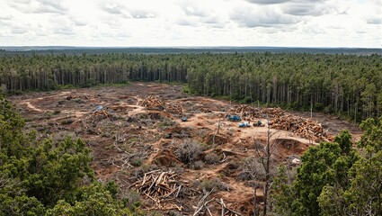Dramatic aerial shot of deforestation showing fallen trees log piles and cleared land under overcast sky Environmental impact concept