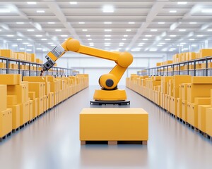 Automated robotic arm in warehouse setting.