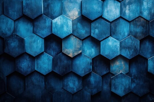 Geometric Abstract Art Science Connection with Hexagons Circles in Blue
