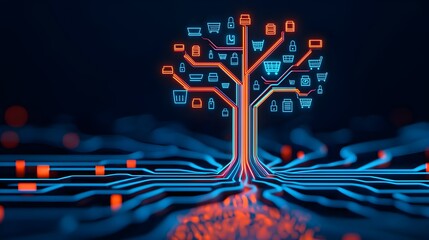 Online Shopping Growth Concept: Digital Tree with E-Commerce Icons and Circuit Board Background