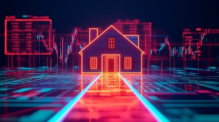 Naklejka premium Real Estate Investment: Futuristic House with Stock Market Data and Neon Glow.