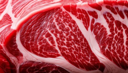 Ultra macro of a raw tuna steak, showcasing deep ruby tones and fibrous textures, highlighting its fresh, tender quality and vibrant color.