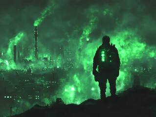 A lone figure stands against a glowing, toxic cityscape shrouded in green smoke.