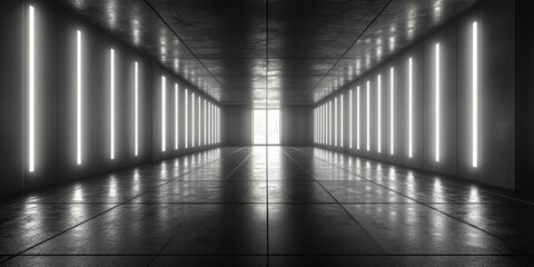 Futuristic Black Room with Sleek Surfaces and Bright LED Lights for 3D Environment Rendering