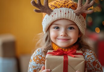 cheerful child in reindeer antlers and festive sweater holding gift on yellow background