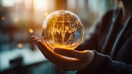 Person holding a glass globe with a chart displaying data and analysis concepts in a bright environment