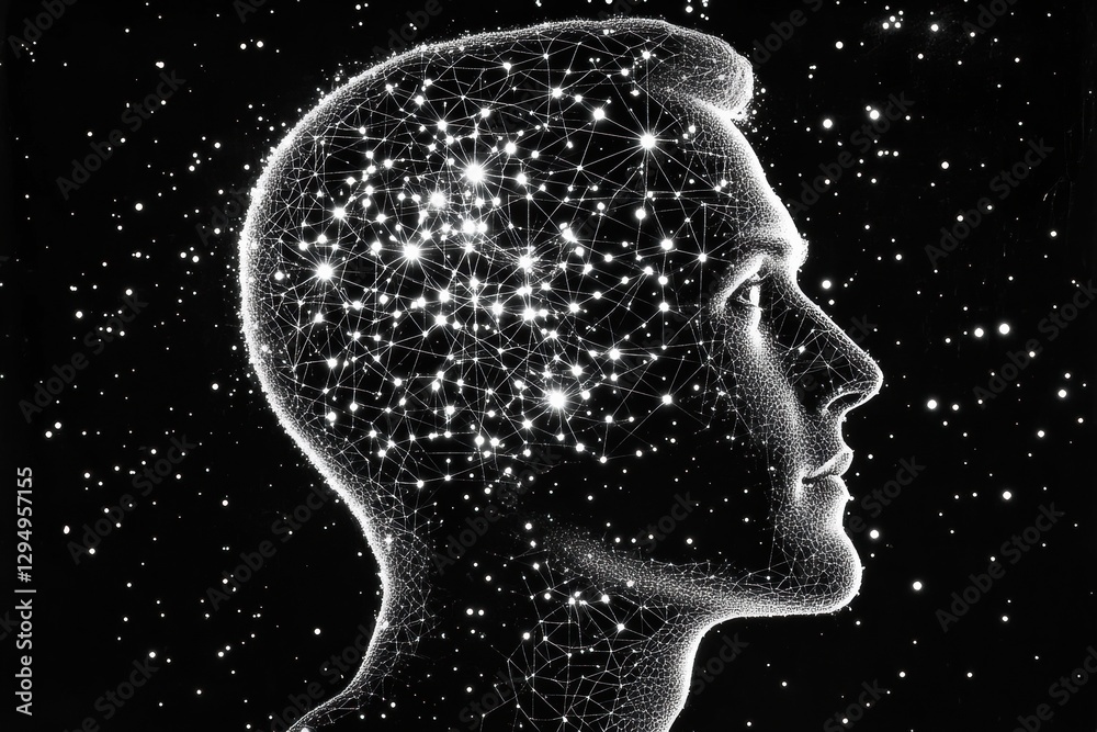 Poster human head silhouette filled with glowing ai nodes against cosmic cyberpunk background. generative a