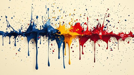 Fototapeta premium Vibrant splashes of blue, yellow, and red paint dripping down a light background, creating an artistic effect