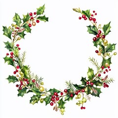 Fototapeta premium Festive Greenery and Red Berries Christmas Wreath with Holly and Pine Cones for Holiday Celebrations and Decorations