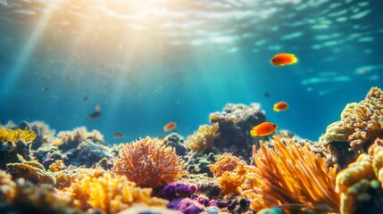 Obraz premium underwater scape with colorful coral. lively sea scene with small beautiful fishes.