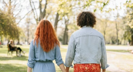 Naklejka premium Young caucasian female friends holding hands walking in sunny park