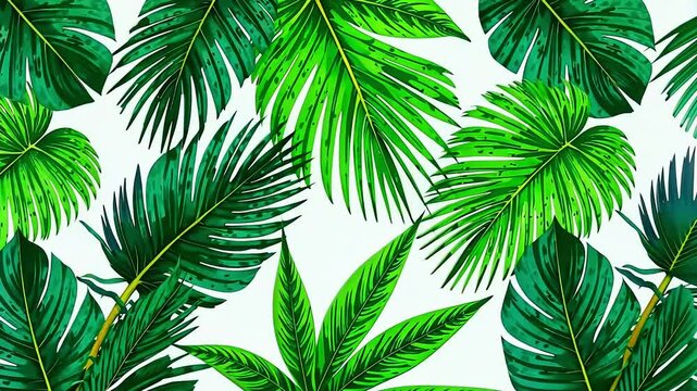 Trendy pattern background with tropical green leaves, palm branch, summer background in Bali style, travel and vacation, drawn
