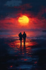 Fototapeta premium Couple Silhouettes Walking on Gravel Road at Sunset