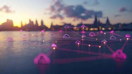 Abstract digital network visualization over a city skyline at sunset, showcasing connectivity