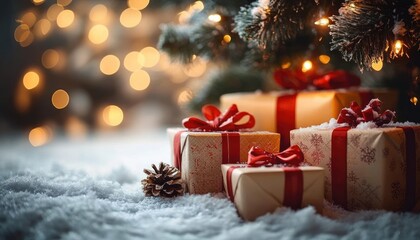 Cozy Christmas Scene with Colorful Presents Under Decorated Tree in Snowy Winter Wonderland