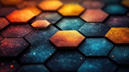 Abstract hexagonal pattern with vibrant colors creating a cosmic atmosphere, suitable for backgrounds