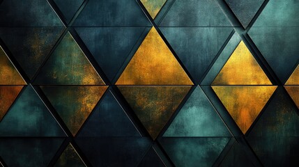 Abstract geometric wall design featuring triangular patterns in dark and golden hues