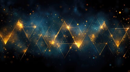 Abstract cosmic background featuring golden triangles and blue nebula with sparkling effects