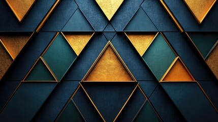 Geometric wall design featuring gold and teal triangles with textured surfaces, modern aesthetic