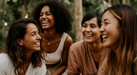 Fototapeta premium Diverse group of young women sharing laughter outdoors in nature