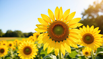 Fototapeta premium Sunflower blooming in a bright field