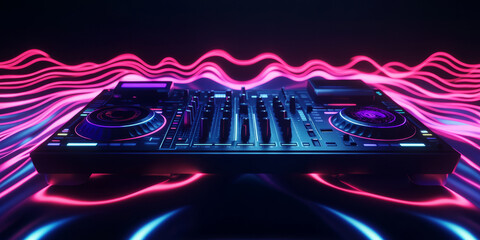 A mesmerizing 3D background featuring a neon-lit, levitating DJ console with holographic controls. The dynamic sound waves ripple outward, creating a surreal, futuristic representation of music mixing