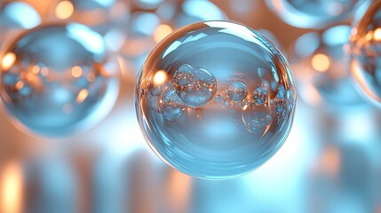 Abstract close-up of translucent bubbles reflecting soft orange and blue light in a dreamy background