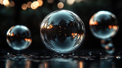 Glimmering soap bubbles reflecting a serene forest backdrop during twilight, capturing nature's beauty