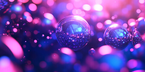 A visually captivating 3D abstract background featuring a field of floating holographic spheres, softly glowing with neon reflections. The futuristic depth and smooth lighting add a digital elegance.