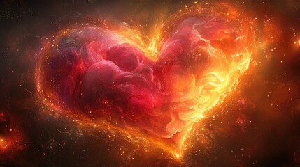 Vibrant cosmic heart shape glowing in a dark space, symbolizing love and passion amidst stars