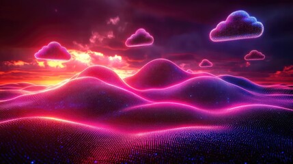 Vibrant digital landscape with glowing hills and colorful clouds during sunset