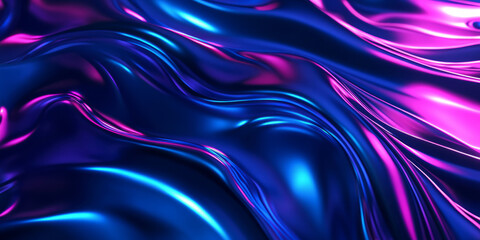 Fototapeta premium A mesmerizing 3D abstract background featuring fluid, liquid-like metal waves undulating in a futuristic cyberpunk style. The surface reflects neon hues of deep blue and electric magenta, creating a
