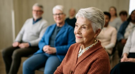 Obraz premium Elderly caucasian female in sweater listening attentively in group setting