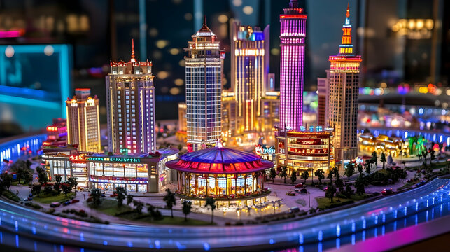 Illuminated city model, nighttime scene, architectural design, urban planning display