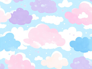 A whimsical pattern of pastel clouds on a soft blue background.