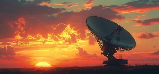 A Majestic Radio Telescope Silhouetted Against a Vibrant Sunset Sky in the Countryside