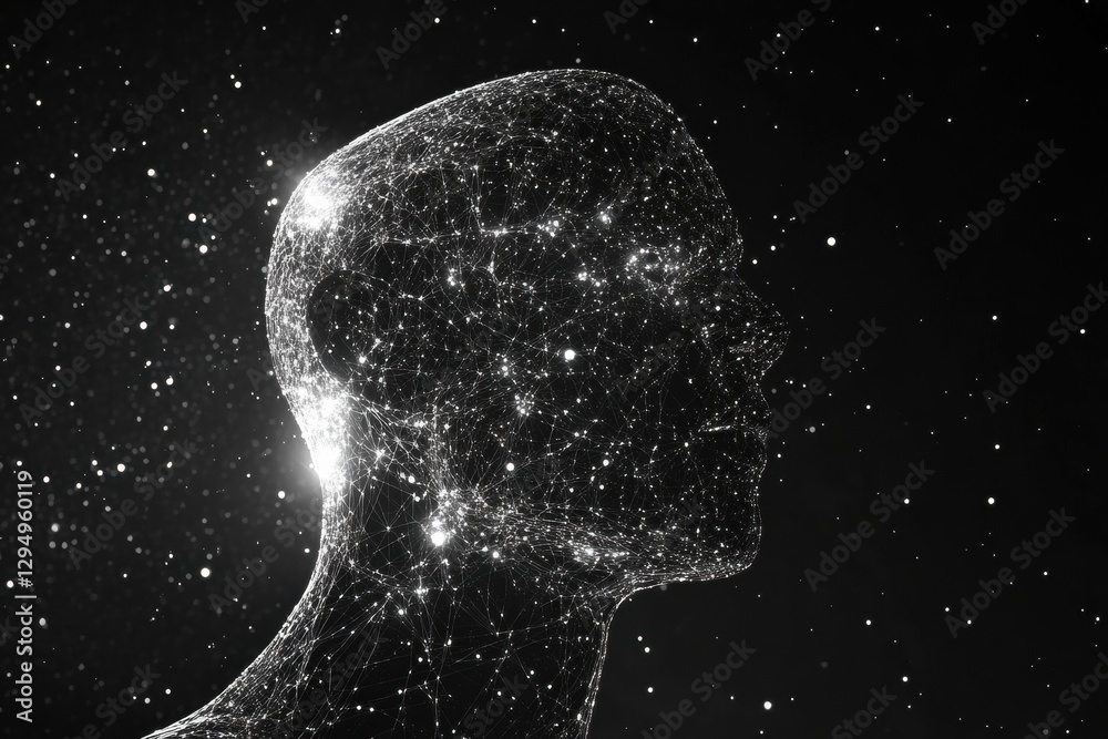 Poster Human head silhouette glowing with interconnected AI nodes in cosmic cyberpunk background creating vibrant fractal patterns. Generative AI