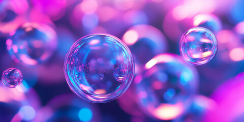 A visually stunning 3D abstract background showcasing transparent, floating spheres illuminated by vibrant neon highlights. The interplay of reflections and soft gradients creates a modern sci-fi