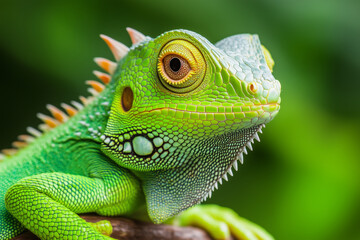Fototapeta premium Stunning macro shot of a vibrant green iguana showcasing intricate scales and vivid yellow eyes