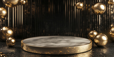 Obraz premium A luxury-inspired 3D background featuring a round marble podium with gold accents. Floating orbs emitting soft golden light surround the platform, creating an elegant and premium atmosphere.