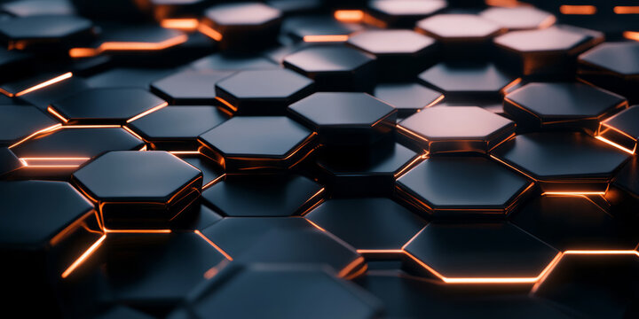 A sleek 3D abstract background featuring interconnected metallic hexagons emitting a soft cybernetic glow. The smooth reflections and glowing edges create an immersive futuristic digital experience.