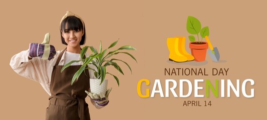 Pretty young woman with houseplant on beige background. Banner for National Gardening Day