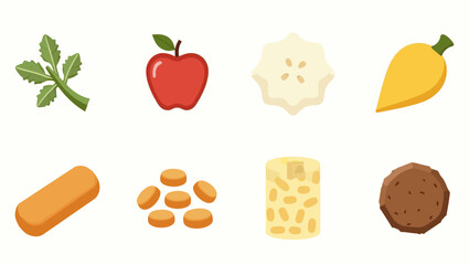 Illustration of different natural foods, including apple, herbs, beans, and bread, symbolizing health and nutrition. Perfect for diet, food, and lifestyle themes.