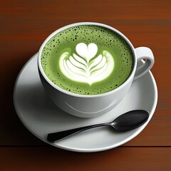 A refreshing herbal matcha latte sits elegantly in a white cup, adorned with intricate floral patterns, ready to brighten your springtime relaxation moments